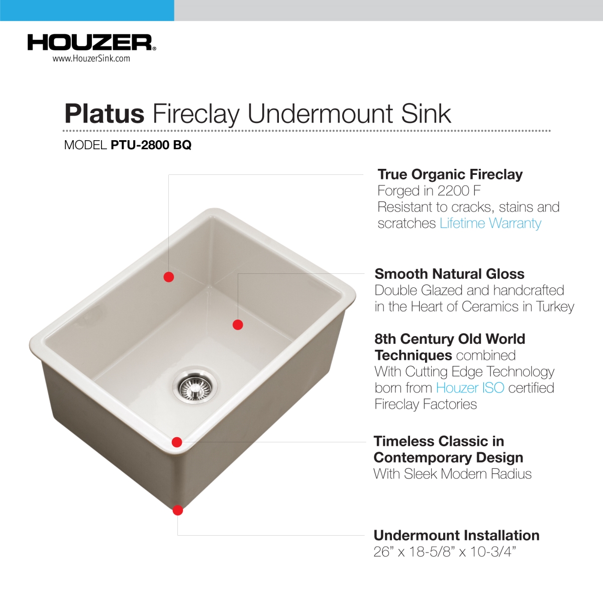 Picture of Houzer PTU-2800 BQ-C 26 in. Platus Biscuit Fireclay Undermount Single Bowl Kitchen Sink with Basket Strainer & Basin Grid