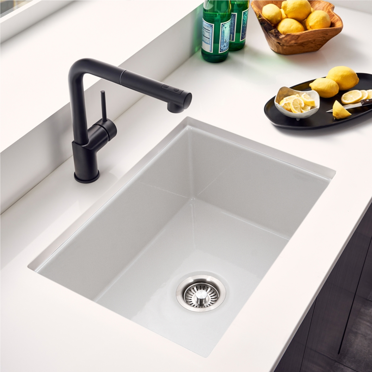 Picture of Houzer PTU-2800 WH-C 26 in. Platus White Fireclay Undermount Single Bowl Kitchen Sink with Basket Strainer & Basin Grid