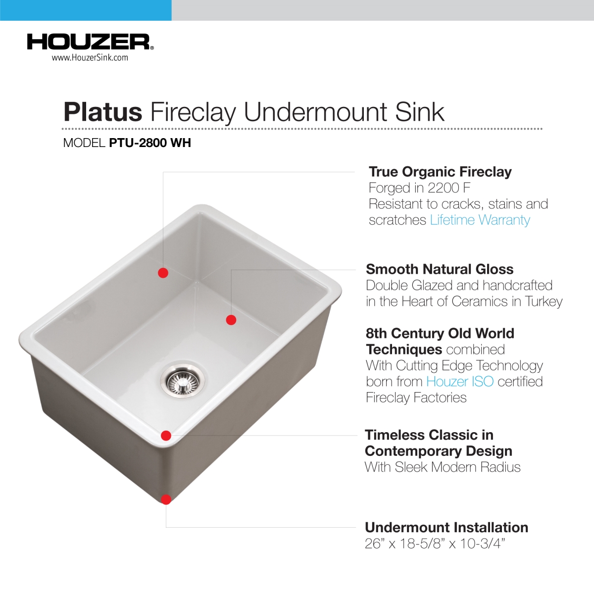 Picture of Houzer PTU-2800 WH-C 26 in. Platus White Fireclay Undermount Single Bowl Kitchen Sink with Basket Strainer & Basin Grid
