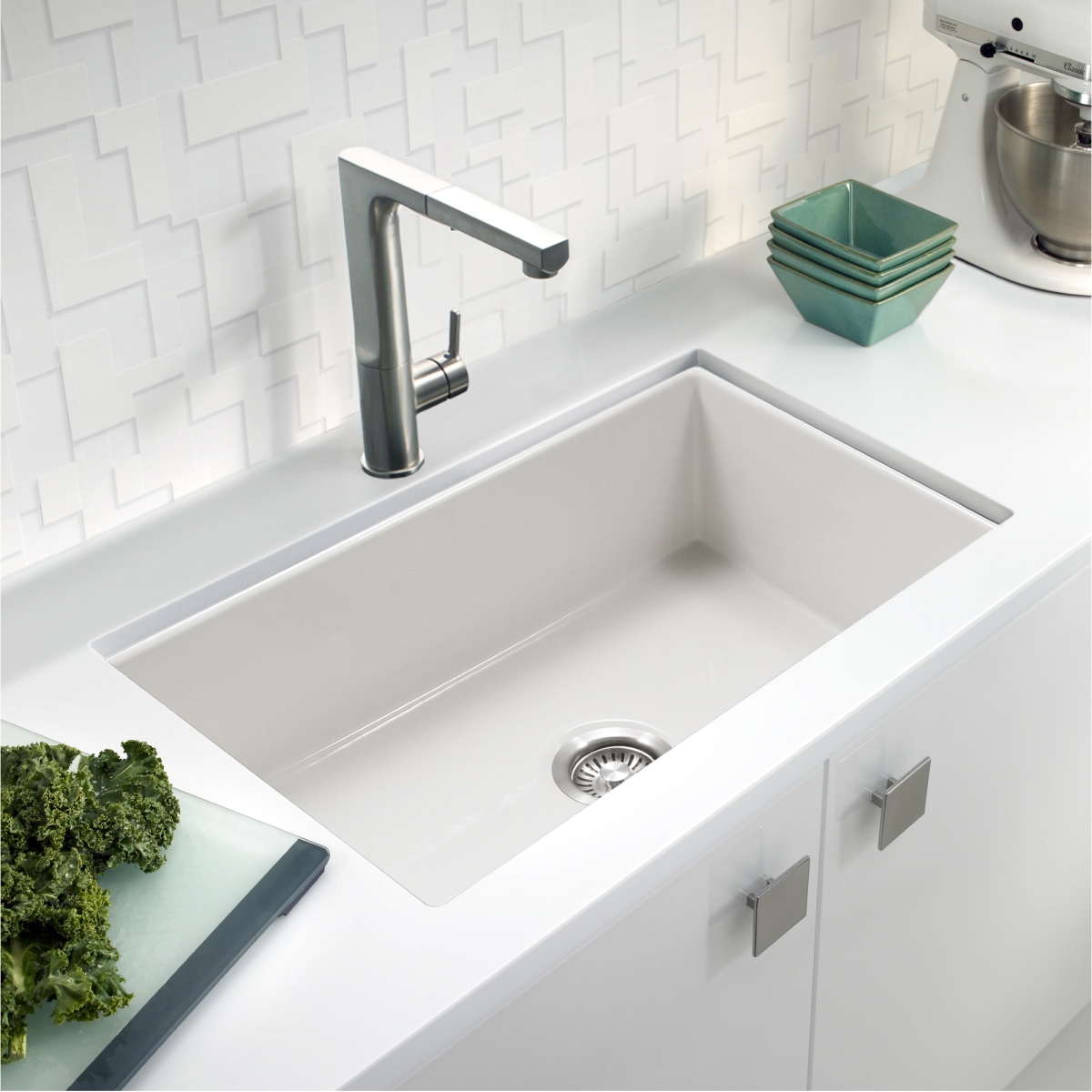 Picture of Houzer PTU-3600 WH-C 32 in. Platus White Fireclay Undermount Single Bowl Kitchen Sink with Basket Strainer & Basin Grid