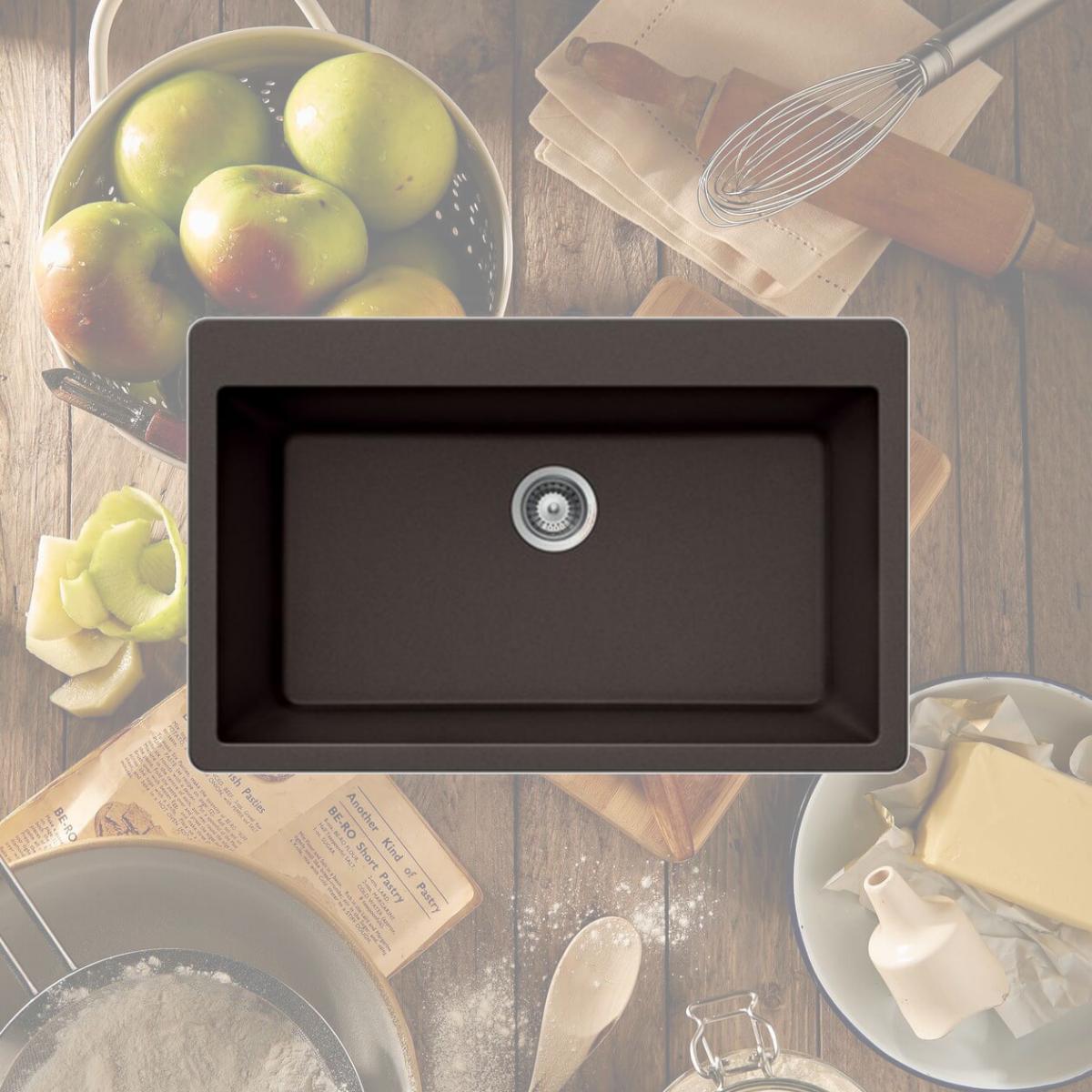 Picture of Houzer V-100 MOCHA Quartztone Series Composite Granite Topmount Large Single Bowl Kitchen Sink- Mocha