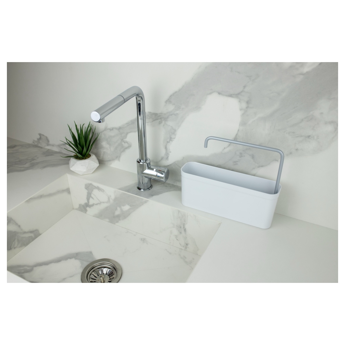 Picture of Akita Line HomeMarket ANSN-E78-SPONGHOLD-WH Kyiv Dish Soap Dispenser and Sponge Holder with Towel Rack, Kitchen Sink Caddy Organizer (White)