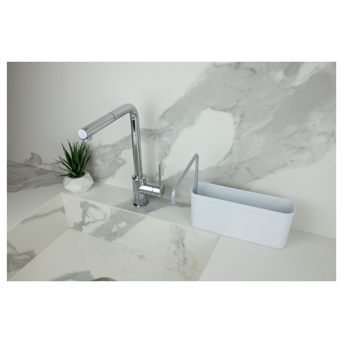 Picture of Akita Line HomeMarket ANSN-E78-SPONGHOLD-WH Kyiv Dish Soap Dispenser and Sponge Holder with Towel Rack, Kitchen Sink Caddy Organizer (White)