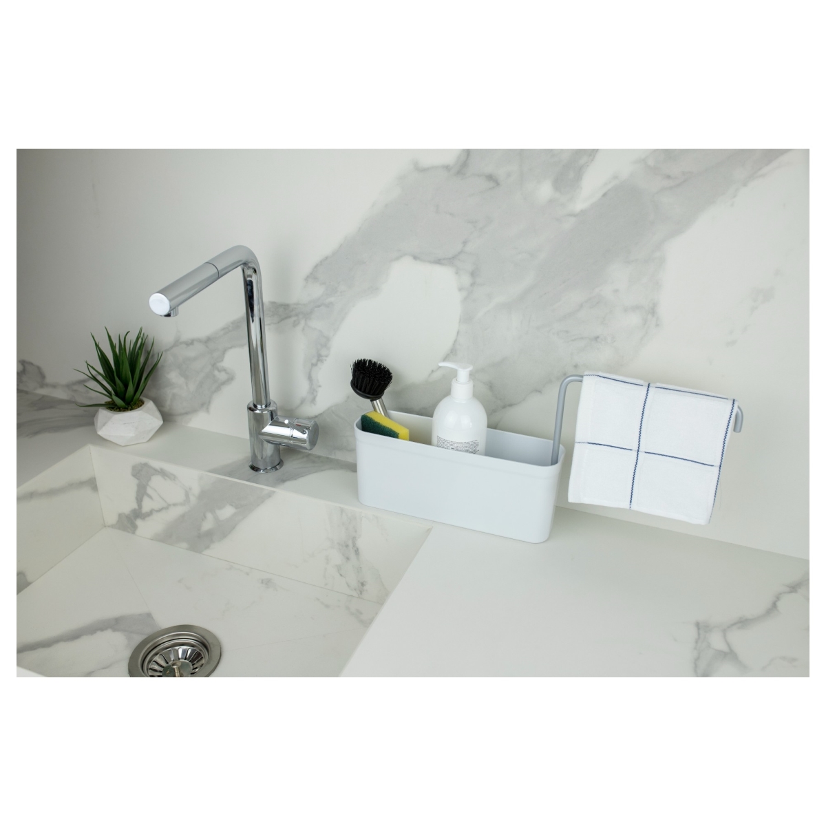 Picture of Akita Line HomeMarket ANSN-E78-SPONGHOLD-WH Kyiv Dish Soap Dispenser and Sponge Holder with Towel Rack, Kitchen Sink Caddy Organizer (White)