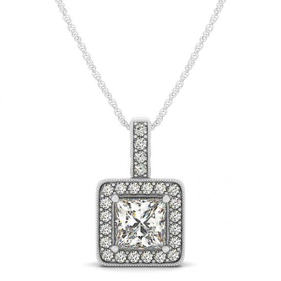 Hc11476 1.50 Ct 14k White Gold Princess Diamonds Pendant Necklace Without Chain, Color F - Vvs1 Clarity