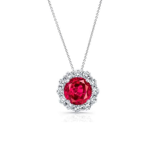Hc10511 2.25 Ct Round Cut Red G Ruby With Halo Diamond Necklace Pendant - White Gold 14k