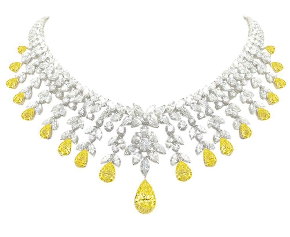 8324 129.71 Ct Platinum Sparkling Yellow & White Diamonds Necklace