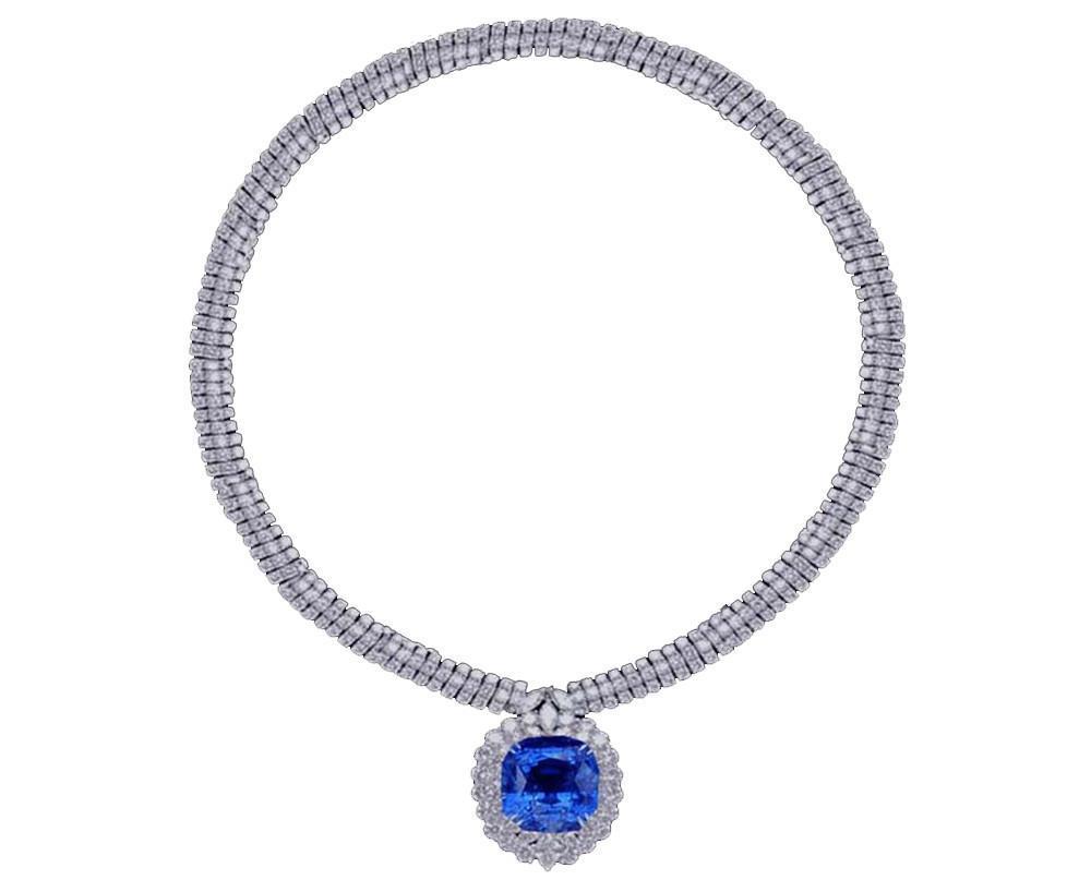 6506 88.67 Ct Gorgeous Blue Sapphire & White Diamonds Platinum Pendant Necklace