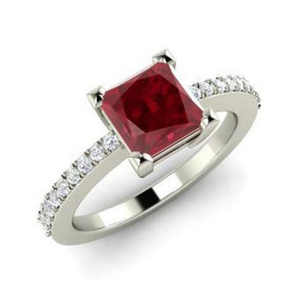 39061 Princess & Round Cut 3.45 CT Ruby & Diamonds Ring, 14K White Gold - Size 6.5