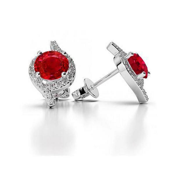 5.30 CT Halo Ruby & Diamonds Stud Earrings, 14K White Gold