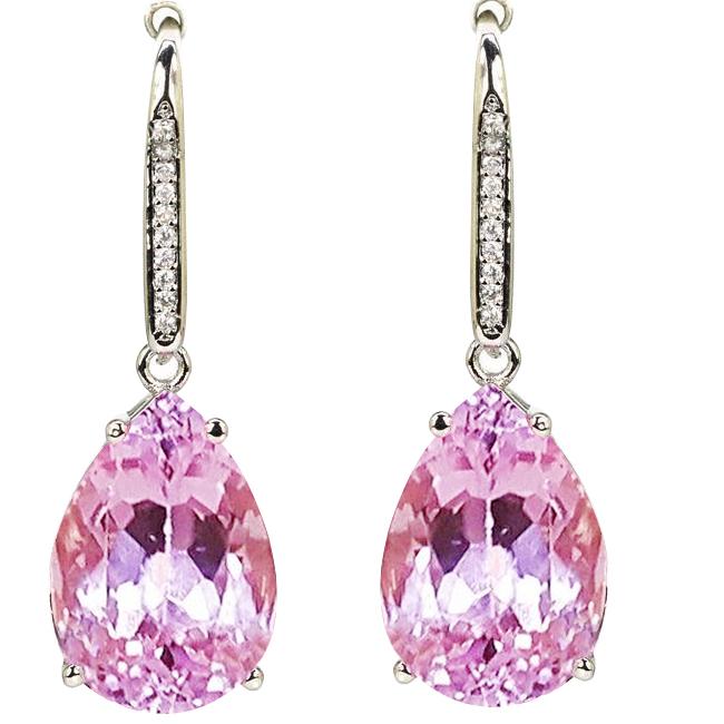 Pear Cut Kunzite with Diamonds 20.50 CT Dangle Earrings, 14K White Gold