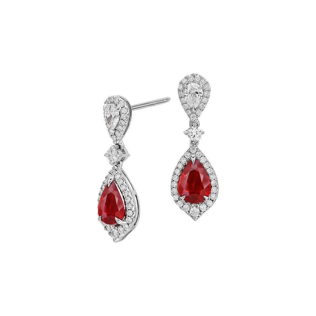 5.76 CT Red Ruby & Diamonds Lady Dangle Earring, 14K White Gold