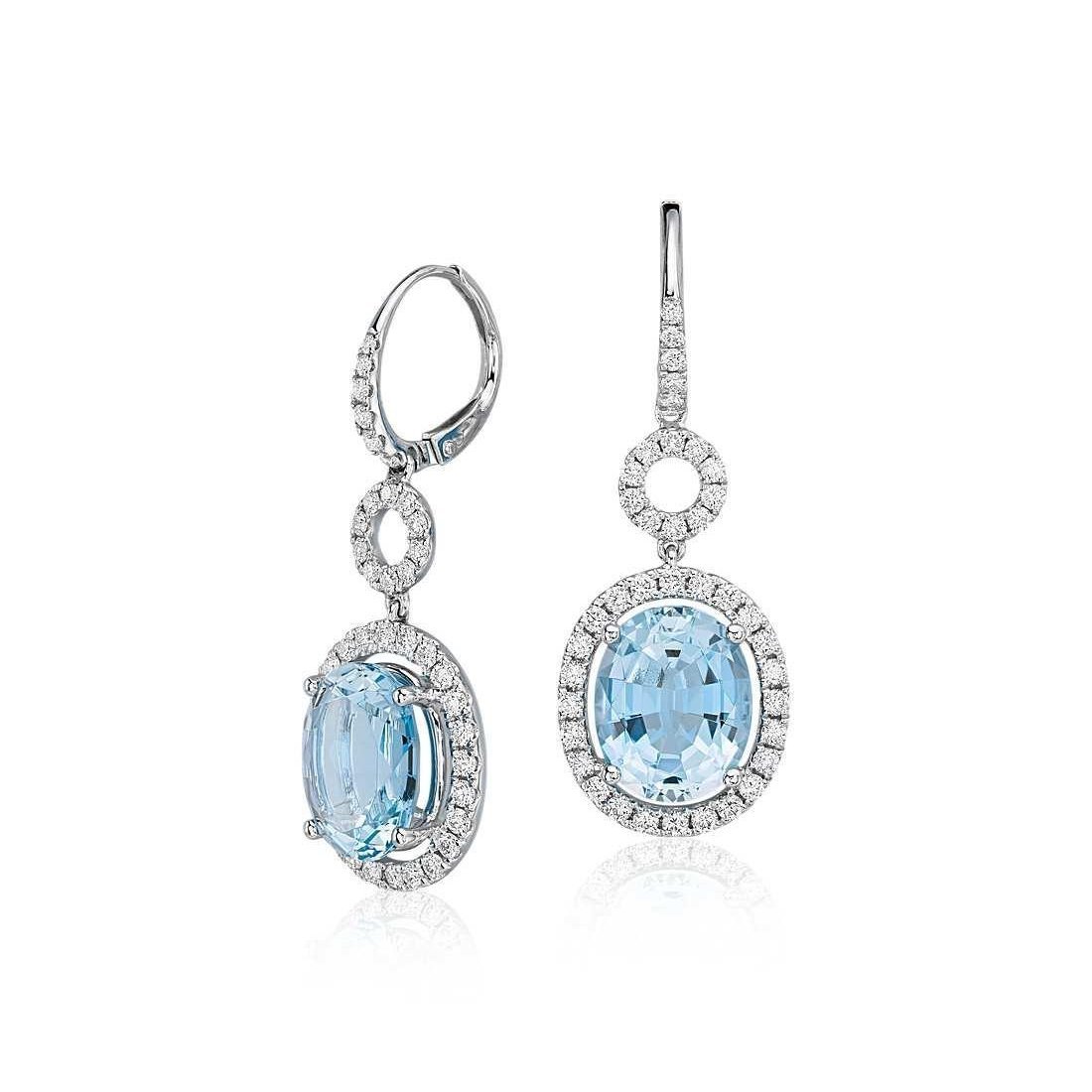 61674 8 CT Lady Blue Aquamarine with Diamonds Dangle Earrings, 14K Gold