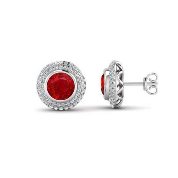 Bezel Set 5.20 CT Ruby & Diamonds Stud Earrings, White Gold