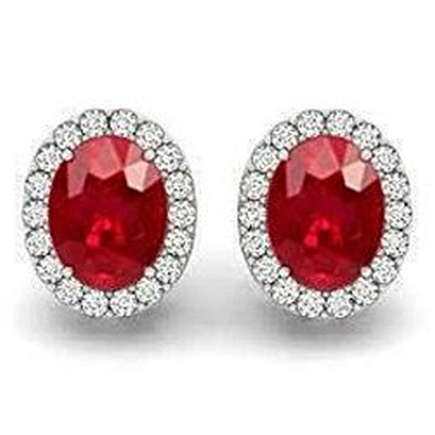 Oval Cut Red Ruby & Diamond Lady Stud 4.50 CT Earrings