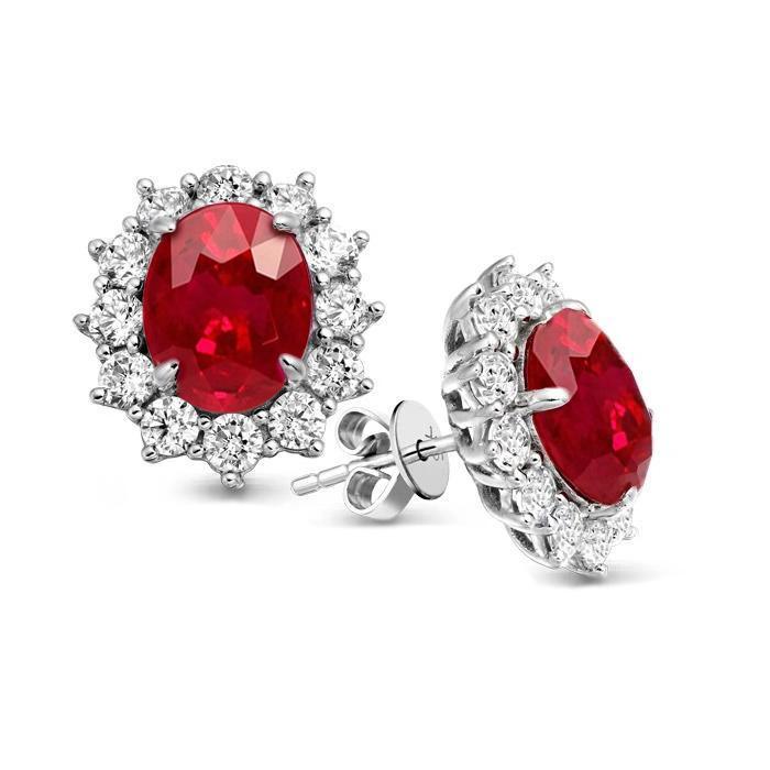 8.50 CT Round Cut Ruby with Diamonds Stud Earring, 14K White Gold