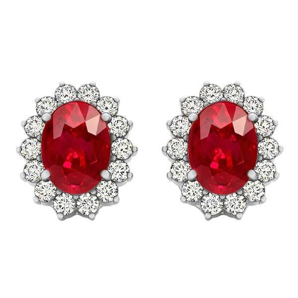 7.50 CT Oval Ruby with Round Diamonds Stud Earrings, 14K White Gold