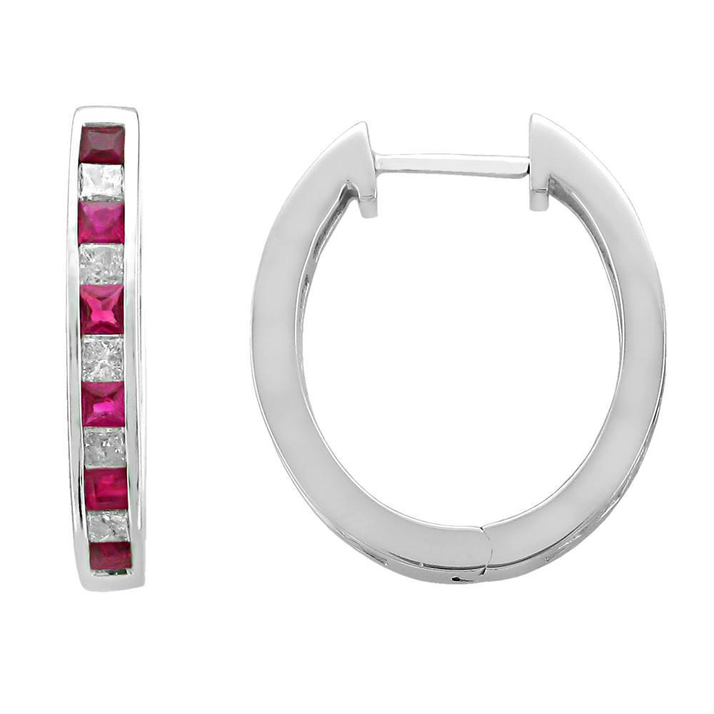 4.40 CT Ruby with Diamonds Womens Hoop Earrings, 14K White Gold