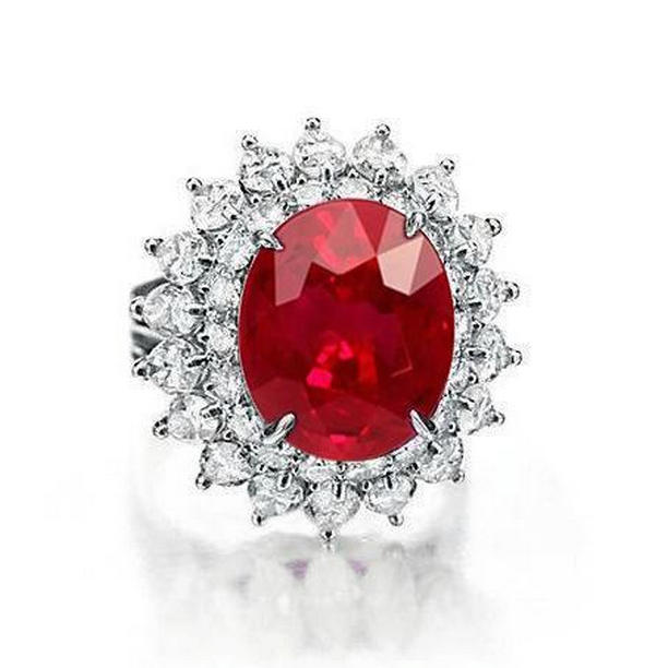 11.75 CT Red Ruby with Diamonds Ring, 14K White Gold - Size 6.5