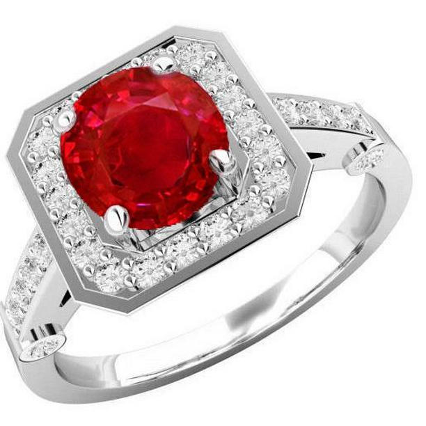 63094 3.75 CT Red Ruby & Diamonds Ring, 14K White Gold - Size 6.5