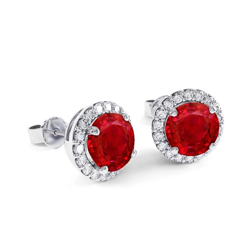 63124 5.40 CT Ruby & Diamonds Halo Stud Earrings, White Gold