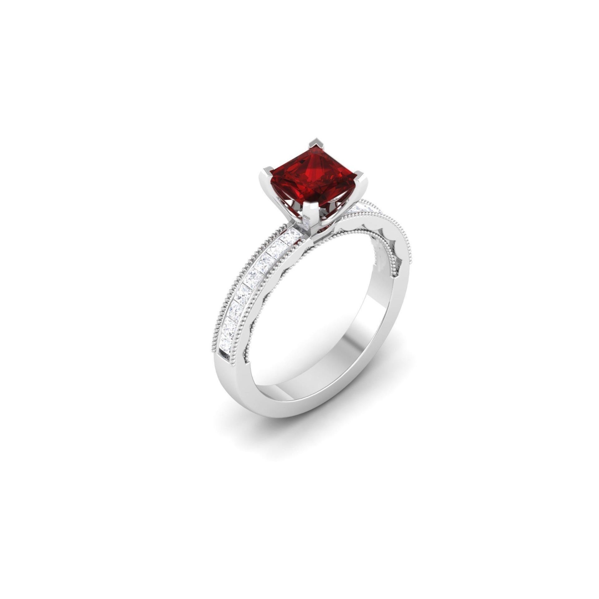 64524 Princess Cut 3 CT Ruby with Diamonds Wedding Ring, White Gold - Size 6.5