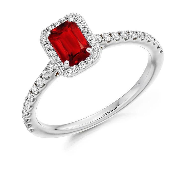 24840 2.30 CT Emerald Cut Ruby Round Diamonds Ring, 14K White Gold - Size 6.5