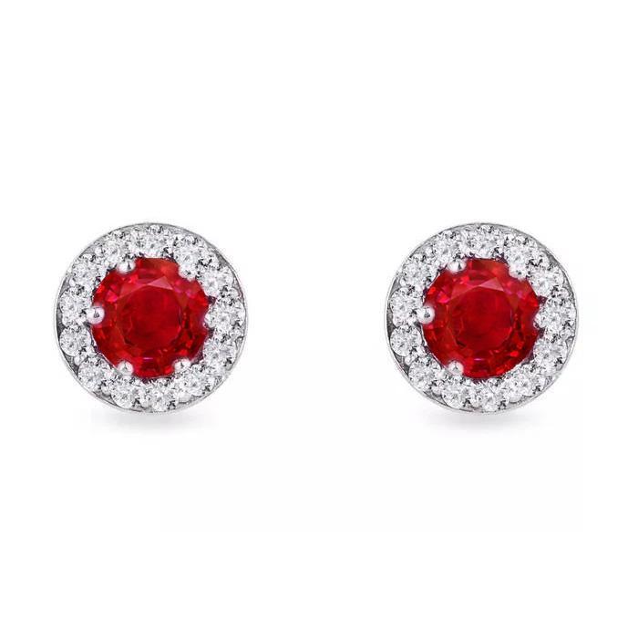 5.50 CT Round Red Ruby & Diamonds Stud Earrings, 14K White Gold