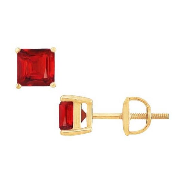 Asscher Cut 3 CT Red Ruby Lady Stud Earrings, 14K Yellow Gold