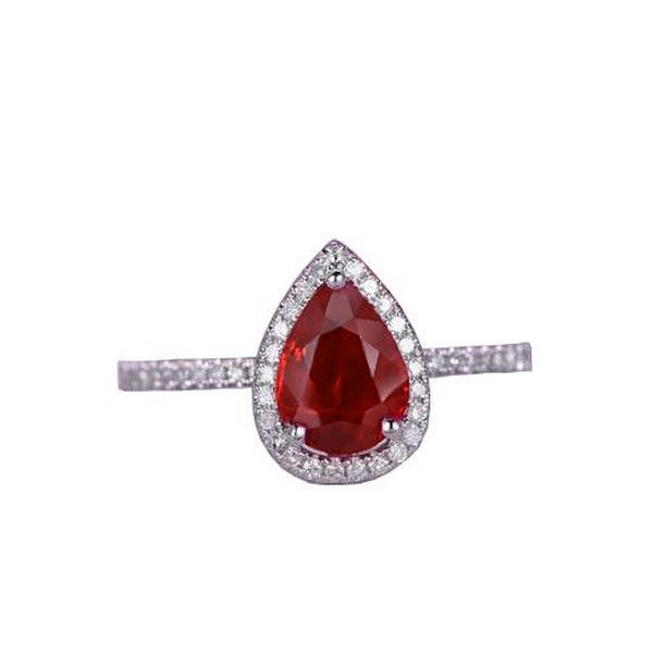 59478 3.45 CT Pear Cut Red Ruby & Diamond 14K White Gold Wedding Ring, Size 6.5