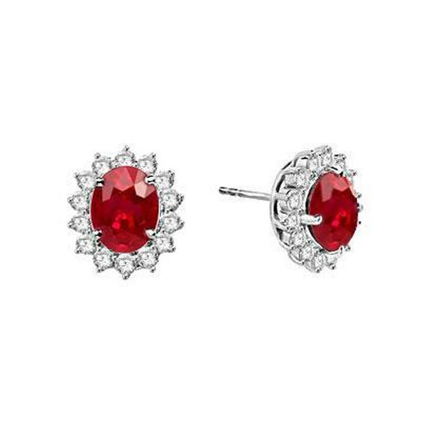 4.30 CT Red Ruby with Diamonds Stud Earrings, 14K Gold