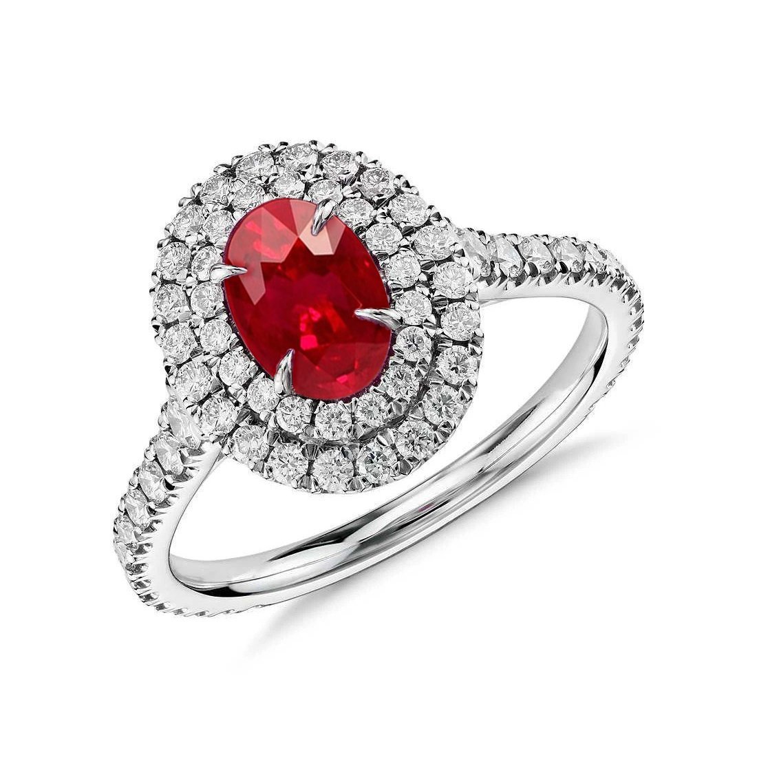 4.50 CT Double Halo Ruby & Diamonds Ring, 14K White Gold - Size 6.5