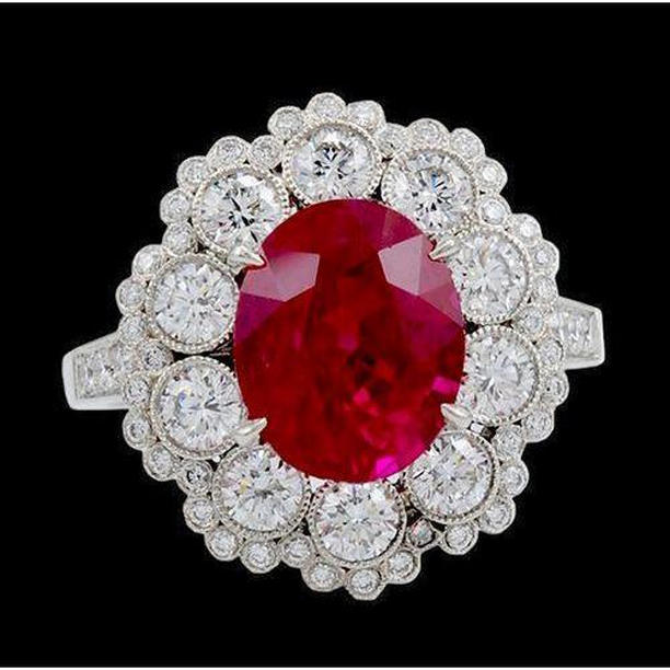 4.50 CT Natural Ruby & Diamond 14K White Gold Wedding Ring, Size 6.5