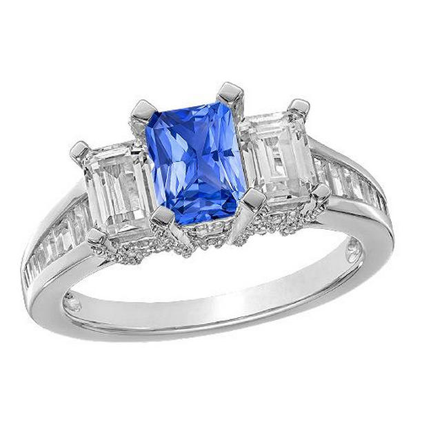 3 CT 3 Stone Emerald Diamond Blue Channel Set Accents Sapphire Ring, Size 6.5