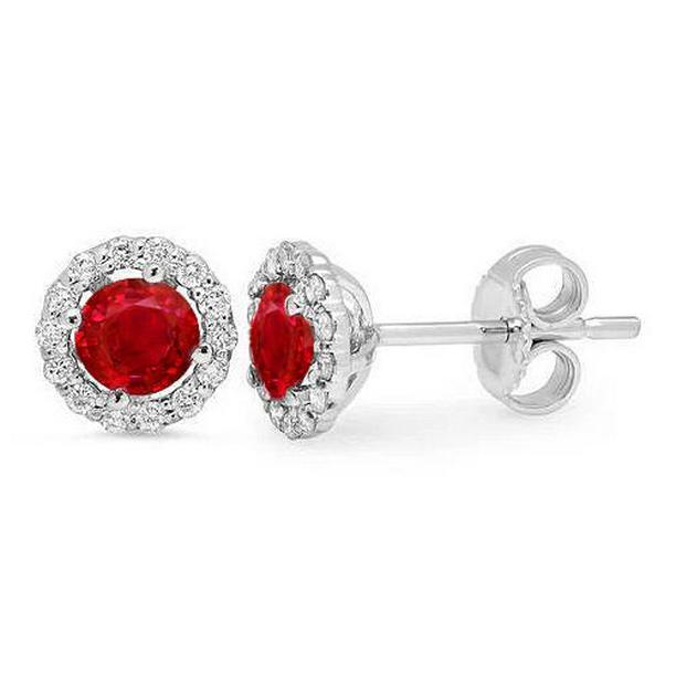 2.40 CT Round Cut Red Ruby & Halo Diamond Stud Earring, 14K White Gold