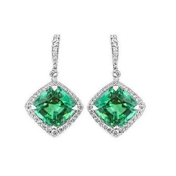Ladies 6 CT Emerald with Diamonds Dangle Earrings, 14K White Gold