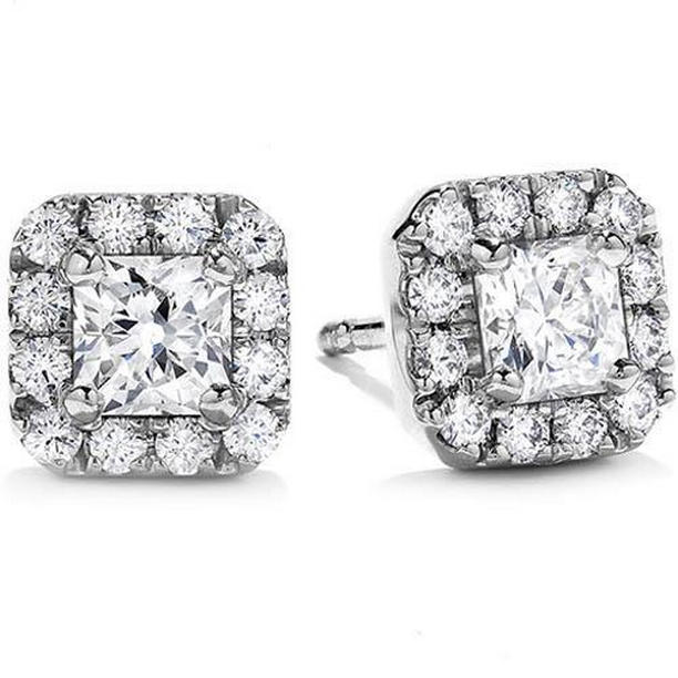 64698 2 CT Princess & Round Halo Diamond Stud Earrings, 14K White Gold