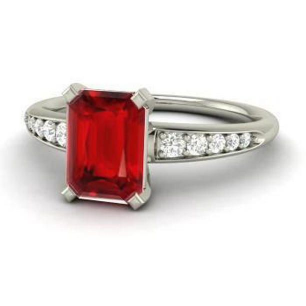 4.35 CT Red Ruby & Diamonds Engagement Ring, 14K White Gold - Size 6.5