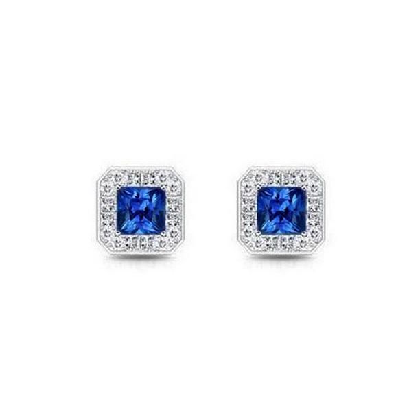 3.60 CT Sri Lanka Sapphire & Diamonds Ladies Stud Halo Earring, 14K White Gold