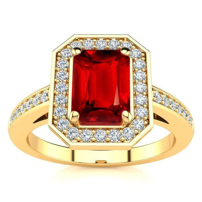 59748 4.75 CT Red Emerald Cut Ruby & Diamond Wedding Ring, Yellow Gold - Size 6.5