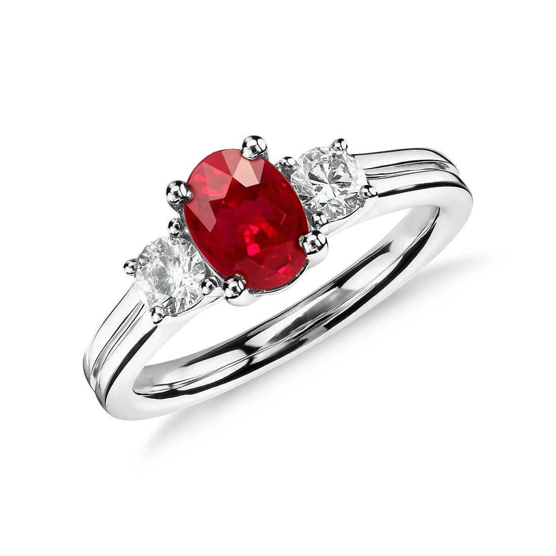 32536 1.80 CT Oval Cut Red Ruby & Diamond Three Stone Gold 14K Ring, Size 6.5