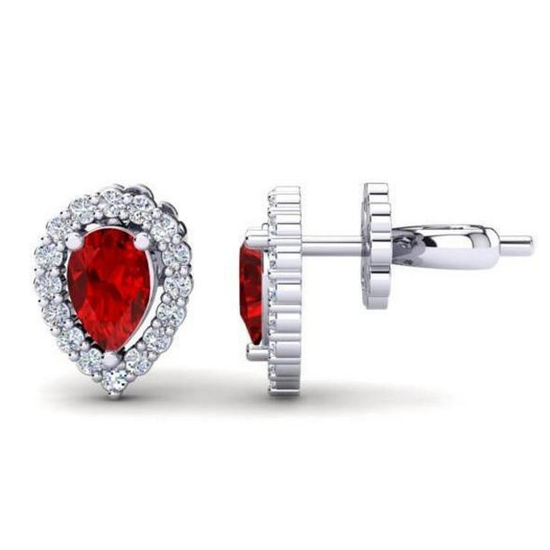 3.50 CT Halo Red Ruby with Diamond Ladies Stud Earring, 14K White Gold