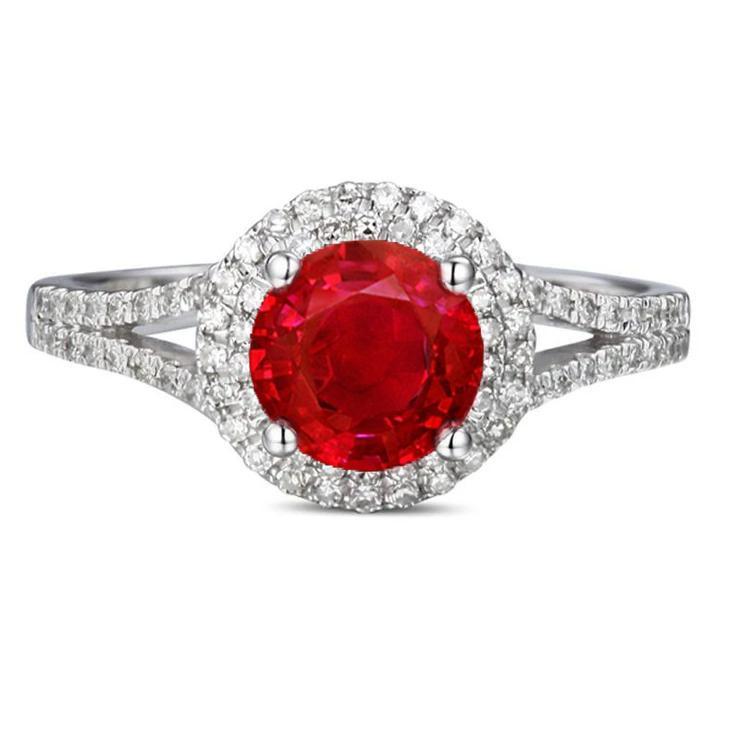 59769 4.80 CT Halo Red Ruby with Accents Diamond Wedding Ring, 14K White Gold - Size 6.5