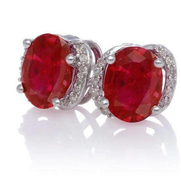 6.40 CT Red Ruby with Diamond Stud Earring, 14K White Gold