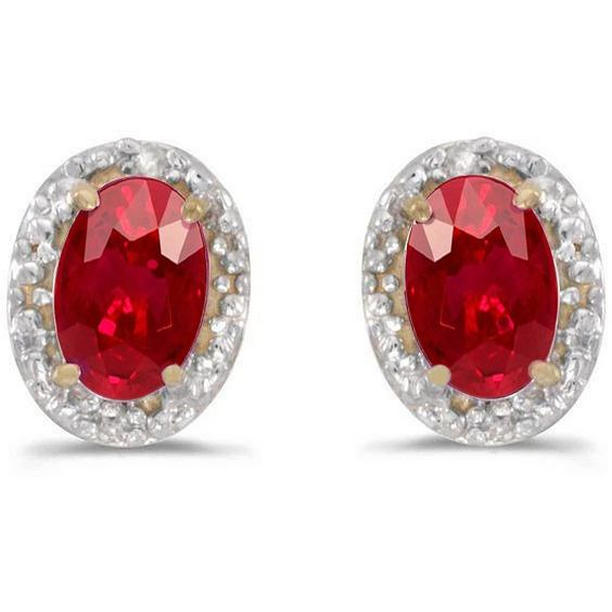 4.40 CT Red Ruby & Diamond Stud Halo Earring, Gold