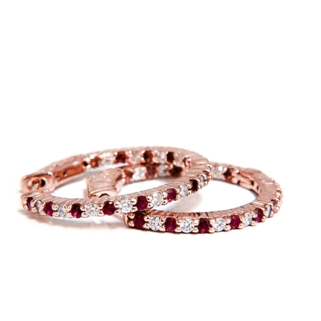 4 CT Red Round Cut Ruby Diamond Hoop Earrings, 14K Rose Gold