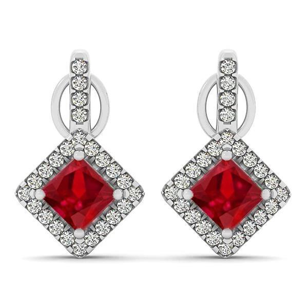 62111 6 CT Red Ruby with Diamonds Lady Dangle Earrings, 14K White Gold
