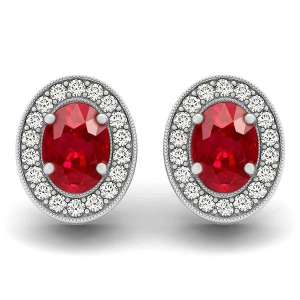 14K White Gold Red Ruby & Diamonds 5 CT Lady Stud Earrings