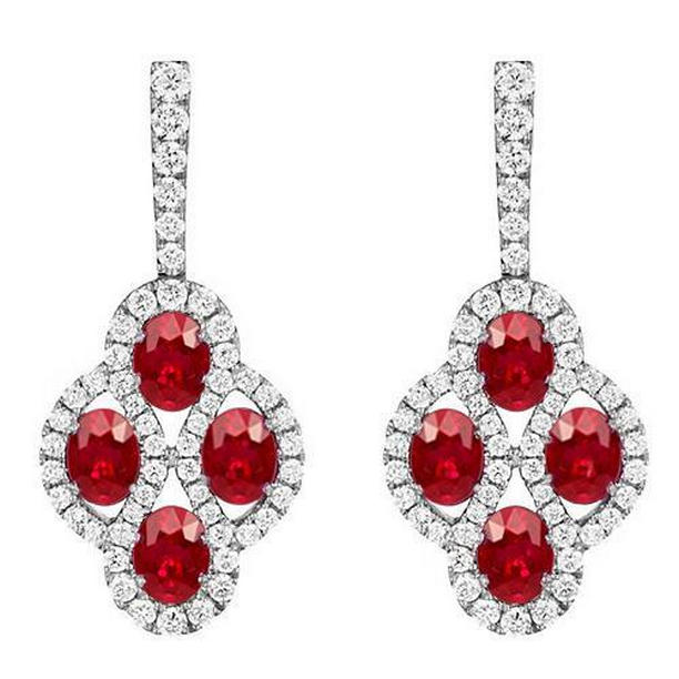 5 CT Red Ruby with Diamond Lady Dangle Earring, 14K White Gold
