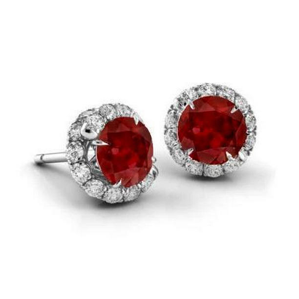 6.30 CT Ruby & Diamonds Womens Stud Earrings, White Gold